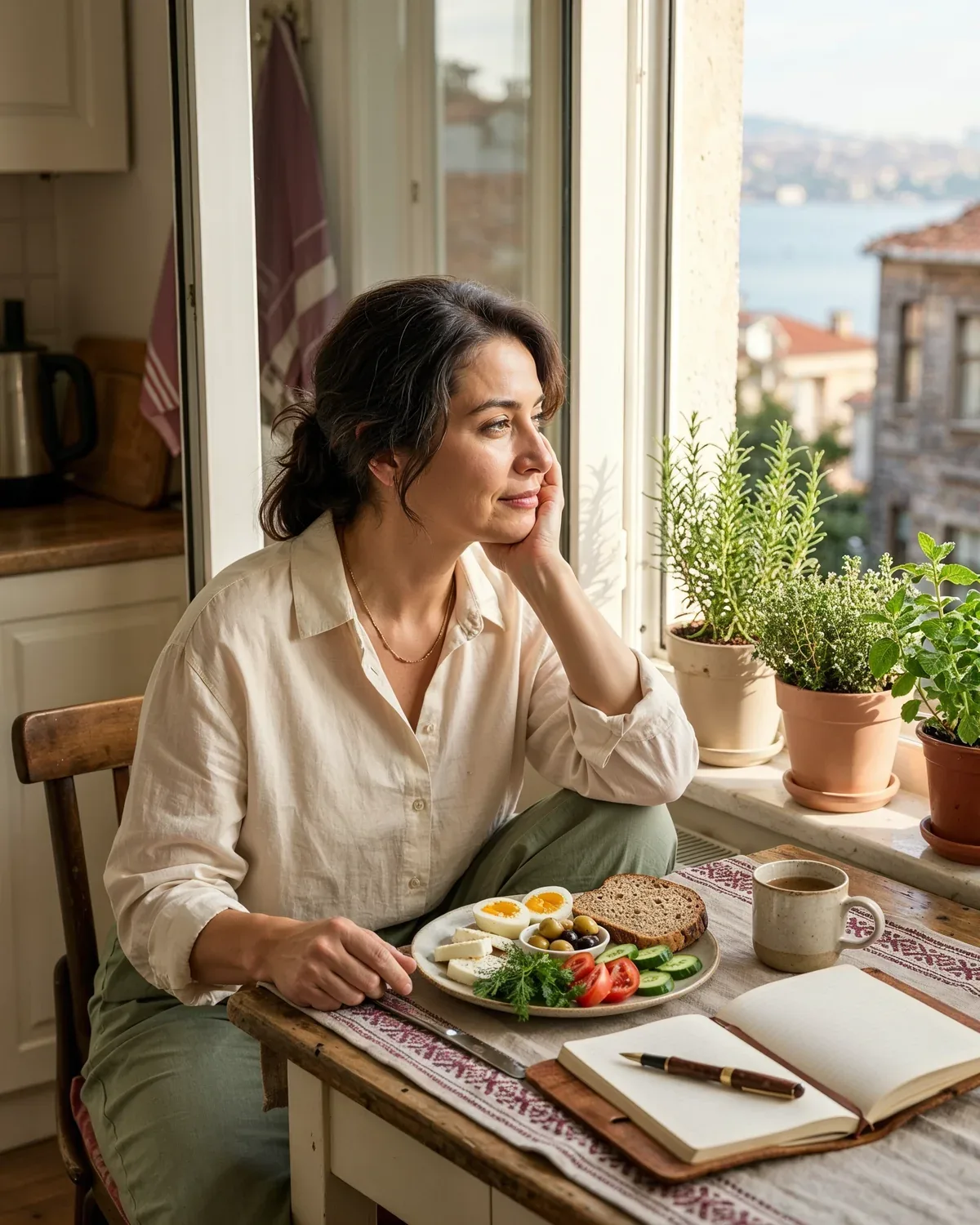 Pencere önündeki kahvaltı masasında oturan kadın; tabakta yumurta, peynir, zeytin ve sebzeler, yanında kahve ile açık bir defter