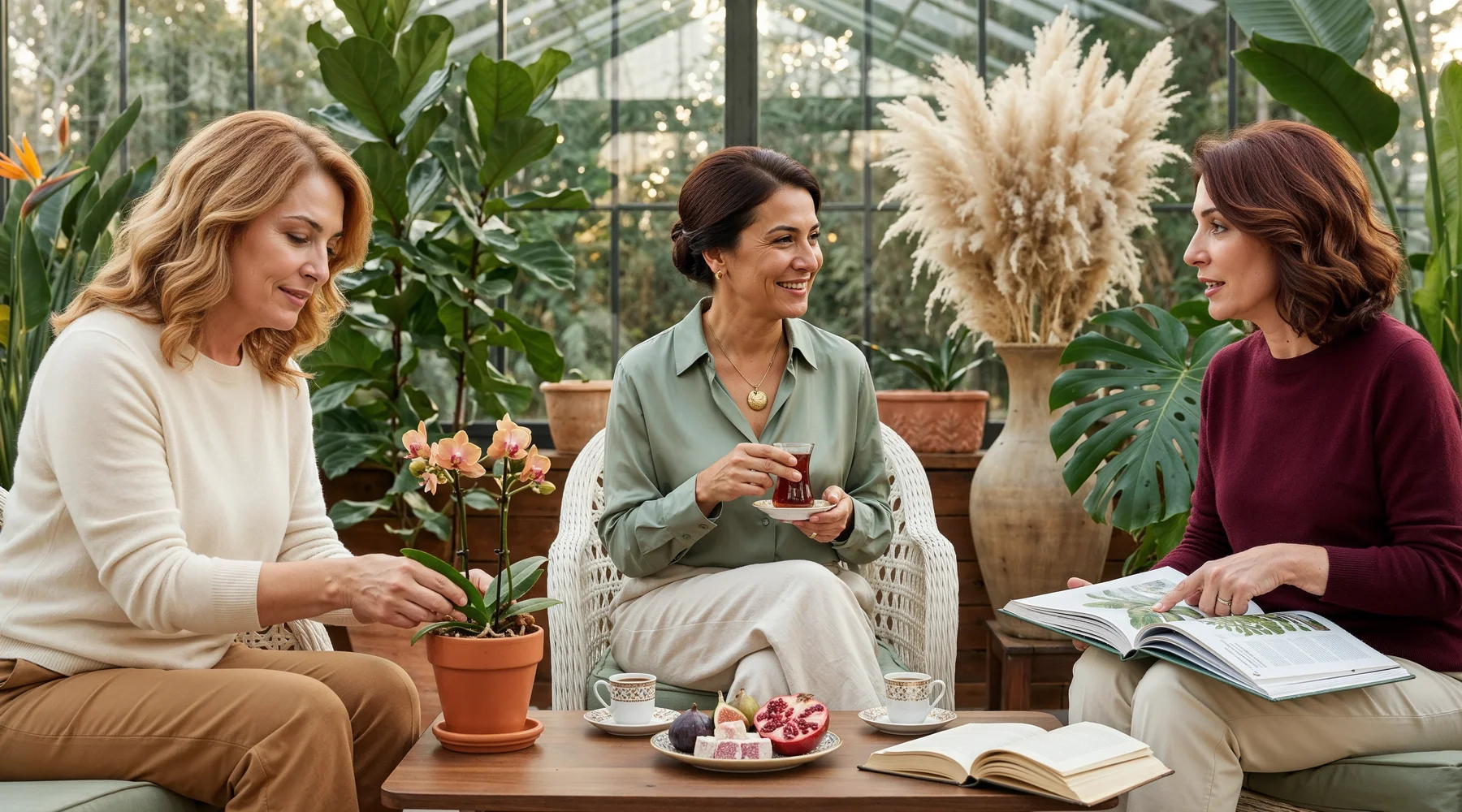 İstanbul evi cam tavanlı winter garden öğleden sonra ışığında üç yaşıt kadın (62-68) yaşam dolu olgunluk sahnesi; soldaki warm honey-blonde dalgalı saç, soft cream cashmere ve camel pant içinde küçük terracotta saksıda orkide ile özenle ilgileniyor; ortadaki koyu kestane chignon, sage-green ipek bluz ve cream linen pant içinde elinde cam çay bardağı warm gülümsüyor; sağdaki warm mahogany medium-length wavy bob, bordo cashmere kazak içinde kucağında açık botanik dergisi parmak sayfada konuşuyor; bakımlı boyalı saçlar (gri/silver YOK), graceful natural mature cilt; walnut yan masada porselen Türk kahvesi ve tabaklarda lokum + halved nar + incir, cam tavandan dappled afternoon sunlight, fiddle leaf fig + monstera + birds-of-paradise + pampas grass + terracotta saksılar, white-cream wicker mobilya + sage yastıklar; doğa içinde olgun yaş alma ve hücresel yaşlanma teması