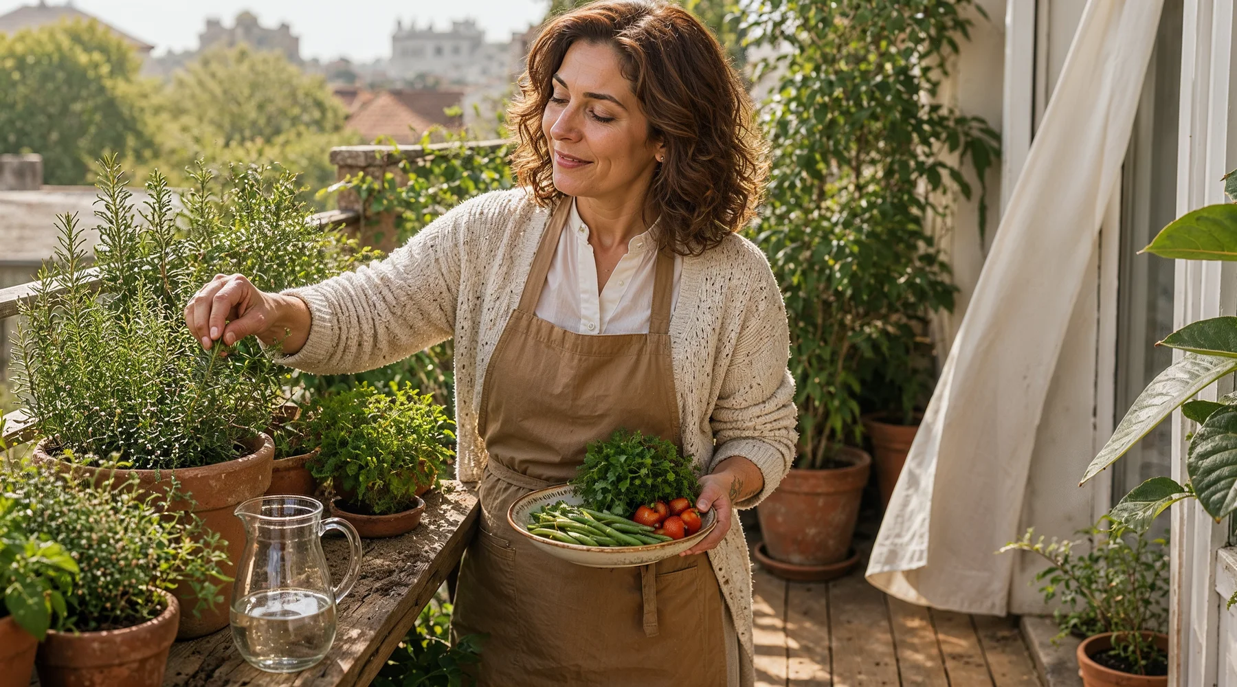 Sun-lit İstanbul evi balkon herb garden inde geç sabah ışığında solo aktif gardening sahnesinde bir yaşıt kadın (46-50); warm honey-chestnut shoulder dalgalı saç, thick cream speckled chunky knit cardigan ve cream cotton gömlek altında ile warm camel canvas-linen apron belde, soft canvas pant; ahşap balkon masası önünde ayakta mid-action terracotta saksıdan taze rosemary topluyor sağ el dalında, sol el küçük seramik tabakta yeni-toplanmış mevsim sebze (yeşil fasulye, taze maydanoz, küçük cherry tomato) tutuyor; composed present-moment ifade eyes on herbs ve soft small smile peaceful task focus; bakımlı boyalı saç (gri/silver YOK), modest tam kapalı yaka, mature graceful natural cilt; etrafında terracotta saksılarda rosemary, basil, mint, thyme, parsley ve oregano kümeleri (küçük ev herb garden), geniş yapraklı yeşillik fiddle leaf fig soft bokeh, küçük cam su sürahisi ahşap üzerinde, warm pale wooden balkon zemin, sheer white perde subtle uçuşlu sağ pencerden, uzakta İstanbul çatıları haze bokeh; menopoz döneminde kilo değişimini diyet kültüründen uzak yargısız doğal beslenme ve toprakla bağ ile karşılama teması