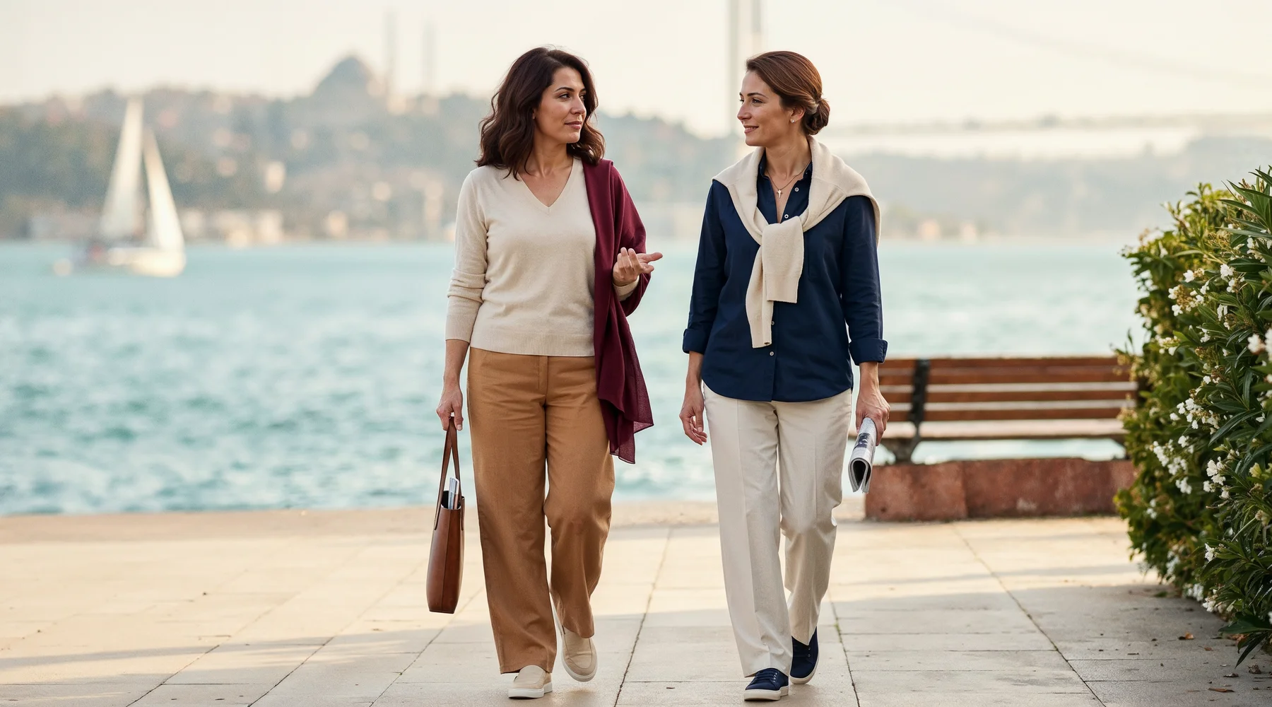 İstanbul Boğaz sahil promenadında geç öğleden sonra altın saat ışığında yan yana yürüyen iki yaşıt kadın (50-54); soldaki warm dark mahogany shoulder dalgalı saç, modest cream cashmere V-neck kazak ve warm camel keten-pamuk wide-leg pant ile bordo ipek shawl-scarf gevşek omuza dökülmüş, slim leather tote elinde, mid-conversation thoughtful sharing arkadaşına; sağdaki warm chestnut polished saç, navy keten button-down ve cream tailored pant ile soft cream cashmere kazak boyna sarılmış casual, küçük katlı dergi elinde, leaning slightly toward dinleyen küçük composed gülümseme; bakımlı boyalı saçlar, modest tam kapalı yaka, mature graceful natural cilt; arka planda Boğaz mavi-yeşil su bokeh + uzakta yelkenli + İstanbul silüeti haze + sahil bench partially visible, sağda oleander hedge soft bokeh; warm cream stone sahil pavement; HRT bilgilendirilmiş karar sürecini iki olgun arkadaşla yürüyerek düşünme teması