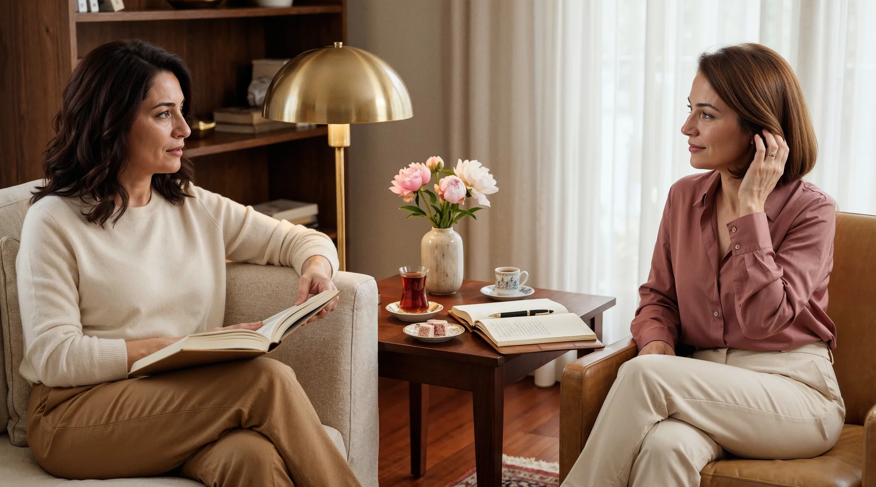 Sıcak bir İstanbul evinin oturma odasında sabah ışığında iki yaşıt kadın (47-52) duygusal sohbet anında; soldaki cream cashmere kazak ve camel pant içinde divanda kucağında açık ciltli kitap, ruh halinden bahsediyor; sağdaki dusty rose ipek bluz ve cream pant içinde tan deri koltukta eli saç altında empatik dinliyor; bakımlı boyalı saçlar (koyu kestane dalga ve warm chestnut bob), mahogany yan masada klasik Türk çay bardağı altın tabakta, porselen espresso fincan, peony pembe vazoda, açık deri not defteri ve dolma kalem; brass-burnished abajur warm light, walnut kitaplık bokesi, sheer keten perde; ruh hali sohbeti ve duygusal denge teması