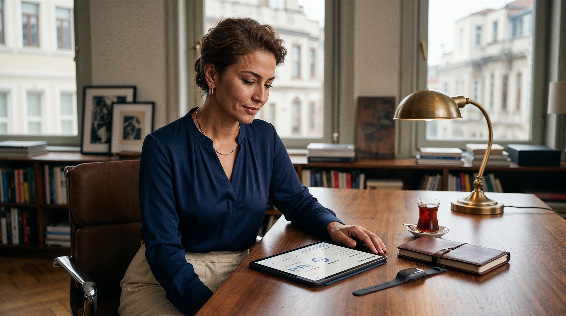 Çalışma masasında tablet ve sağlık notları yanında düşünen 50+ kadın portresi; yapay zekâ, hekim yorumu ve kişisel takip verisi dengesini sakin editoryal bir tonla anlatan dosya görseli