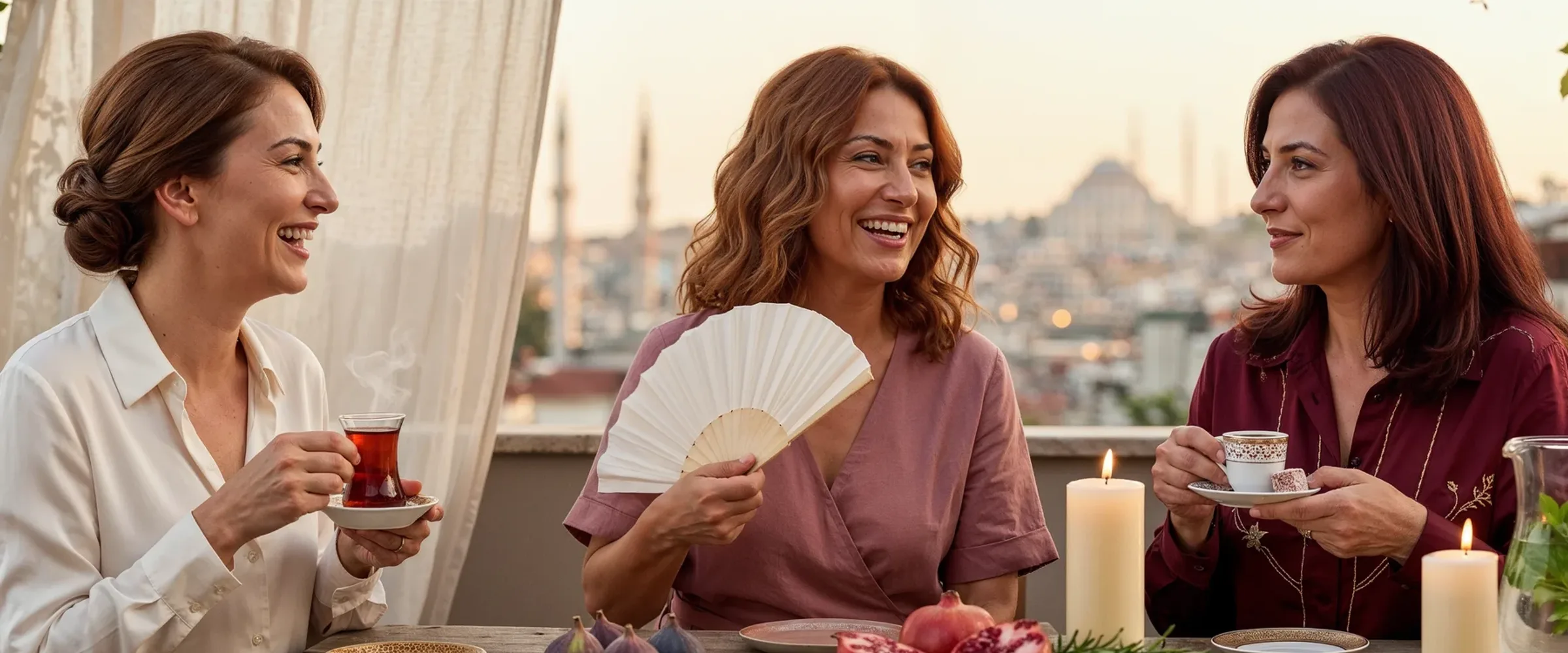 İstanbul terasında yelpazeyle sohbet eden üç olgun kadın; sıcak basması ve gece terlemesi