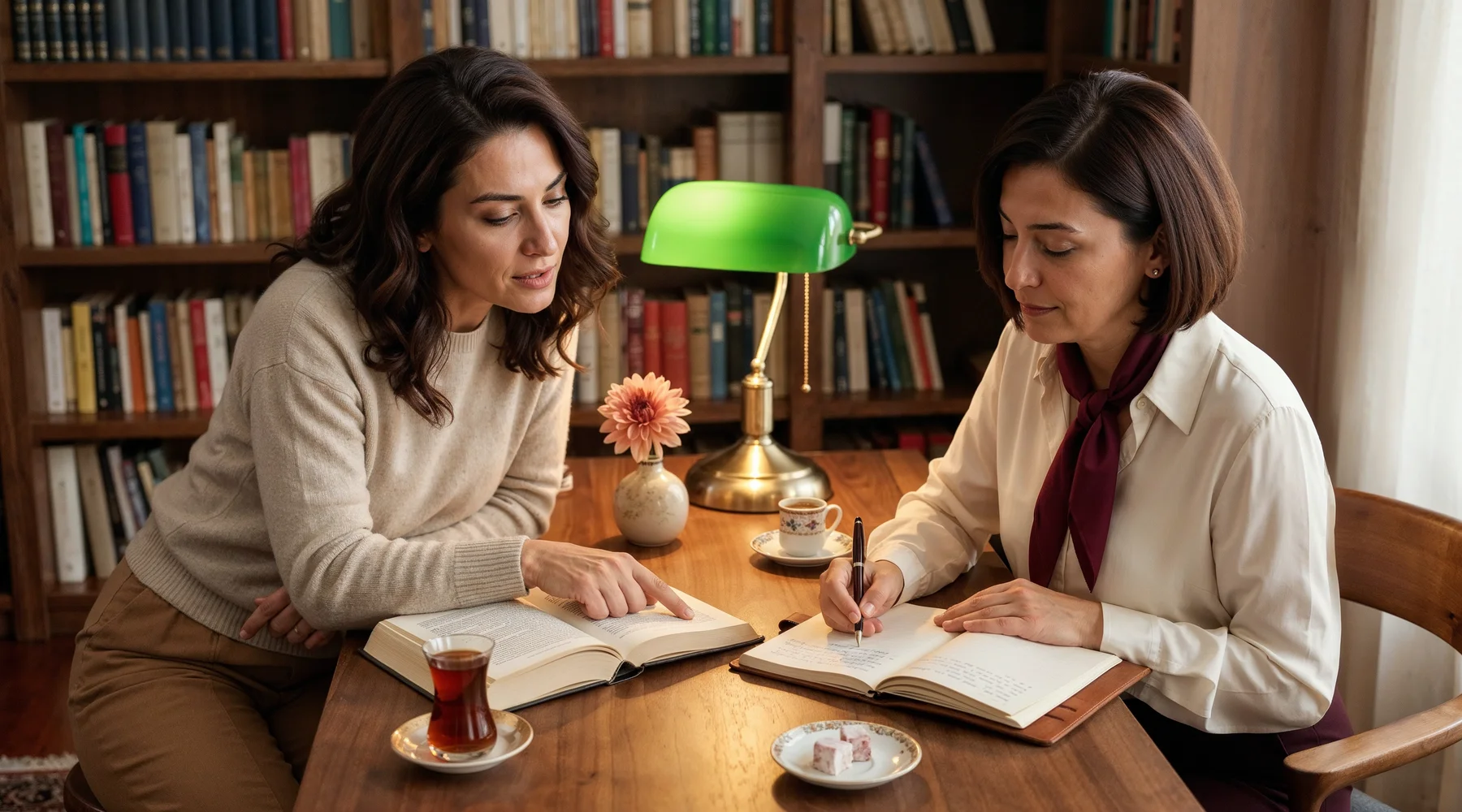 Sıcak bir İstanbul evinin küçük kütüphanesinde walnut masada birlikte çalışan iki yaşıt kadın (49-52); soldaki oatmeal cashmere kazak ve camel pant içinde açık ciltli kitap üzerine işaret parmağıyla bir kelimeyi gösteriyor, sağdaki cream ipek bluz ve bordo eşarp boyunda ahşap yan kollu sandalyede dolma kalemle açık deri kapaklı not defterine yazıyor; bakımlı boyalı saçlar (koyu kestane dalga ve koyu kestane bob), masada klasik Türk çay bardağı altın tabakta, porselen espresso fincan, seramik vazoda tek dahlia, sade lokum tabakta; brass yeşil camlı reading lamp warm focused light, walnut floor-to-ceiling kitaplıklar bokesi, sheer keten perde geç-sabah ışığı; aktif birlikte öğrenme ve bilişsel sağlık teması