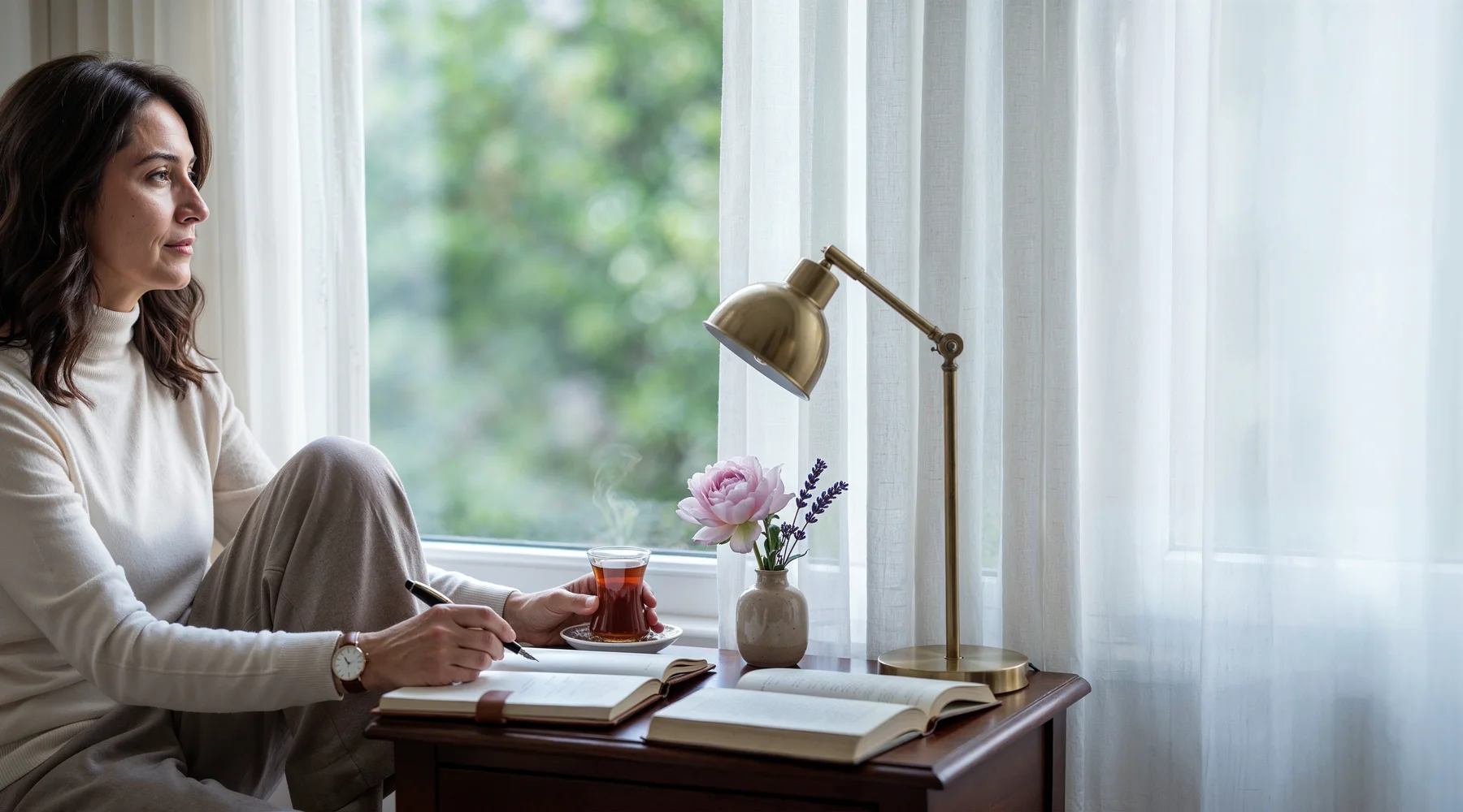 Erken sabah ışığında İstanbul evinin yatak odası bitişiği pencere köşesinde 47-52 yaşında bakımlı Türk kadın; koyu kestane omuz dalga saç (gri yok), cream cashmere modest gecelik ve warm taupe linen pant, mahogany yan masada açık deri kapaklı uyku günlüğüne dolma kalemle yazıyor, sol elinde buharlı klasik Türk çay bardağı altın detaylı tabakta, küçük seramik vazoda tek peony, kapalı brass okuma lambası ve açık ciltli kitap; sheer keten perde arkasından soft predawn-to-early-morning natural light; perimenopozda uykunun değişen yanını yargısız fark etme ve sabah günce kaydı teması