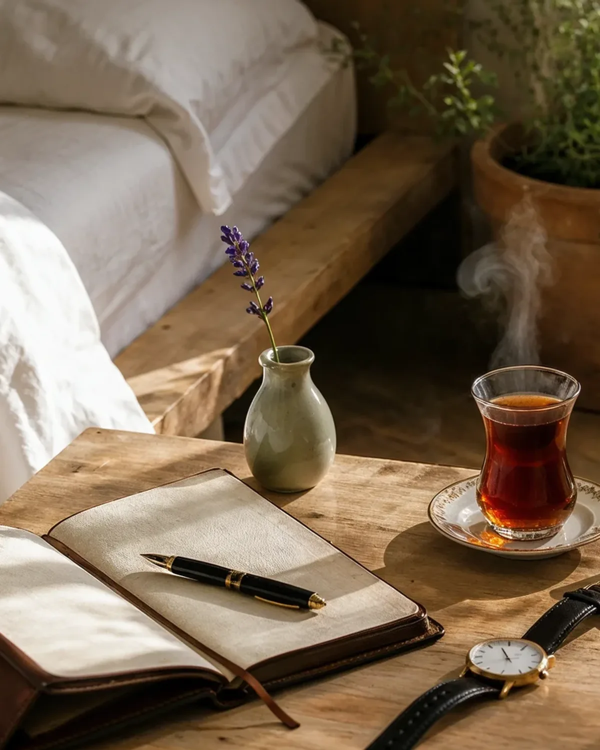 Yumuşak sabah ışığında uyku günlüğü, çay bardağı ve başucu masası; menopozda uyku bozukluğu için editoryal görsel