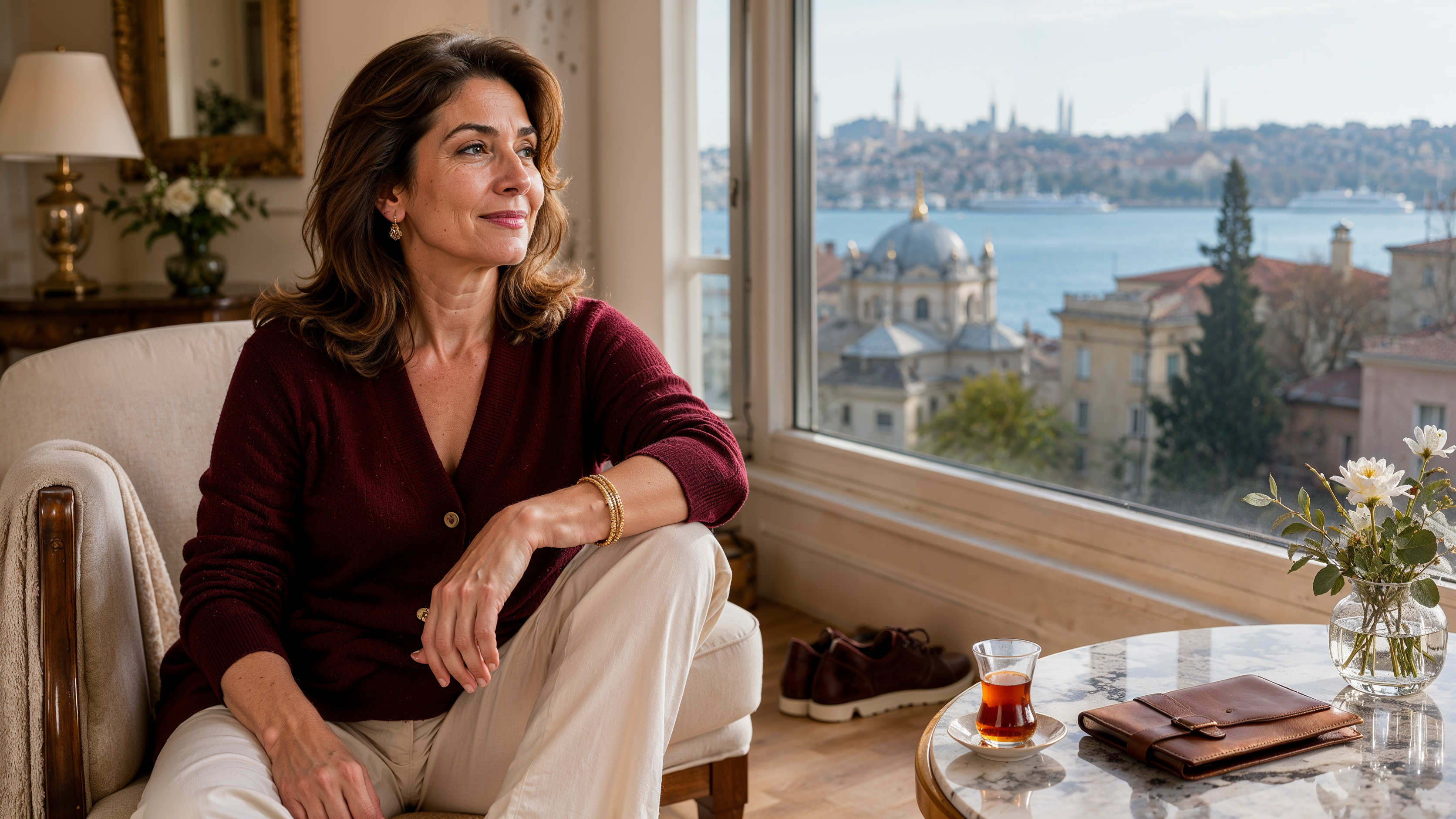 Boğaz manzaralı sakin bir iç mekanda, diz sağlığı ve ortopedik takip temasını taşıyan olgun kadın portresi